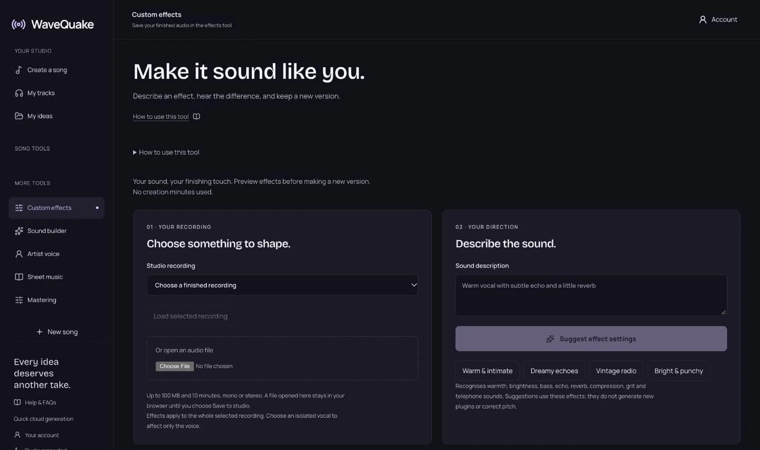 WaveQuake Custom Effects workspace for transforming an existing recording