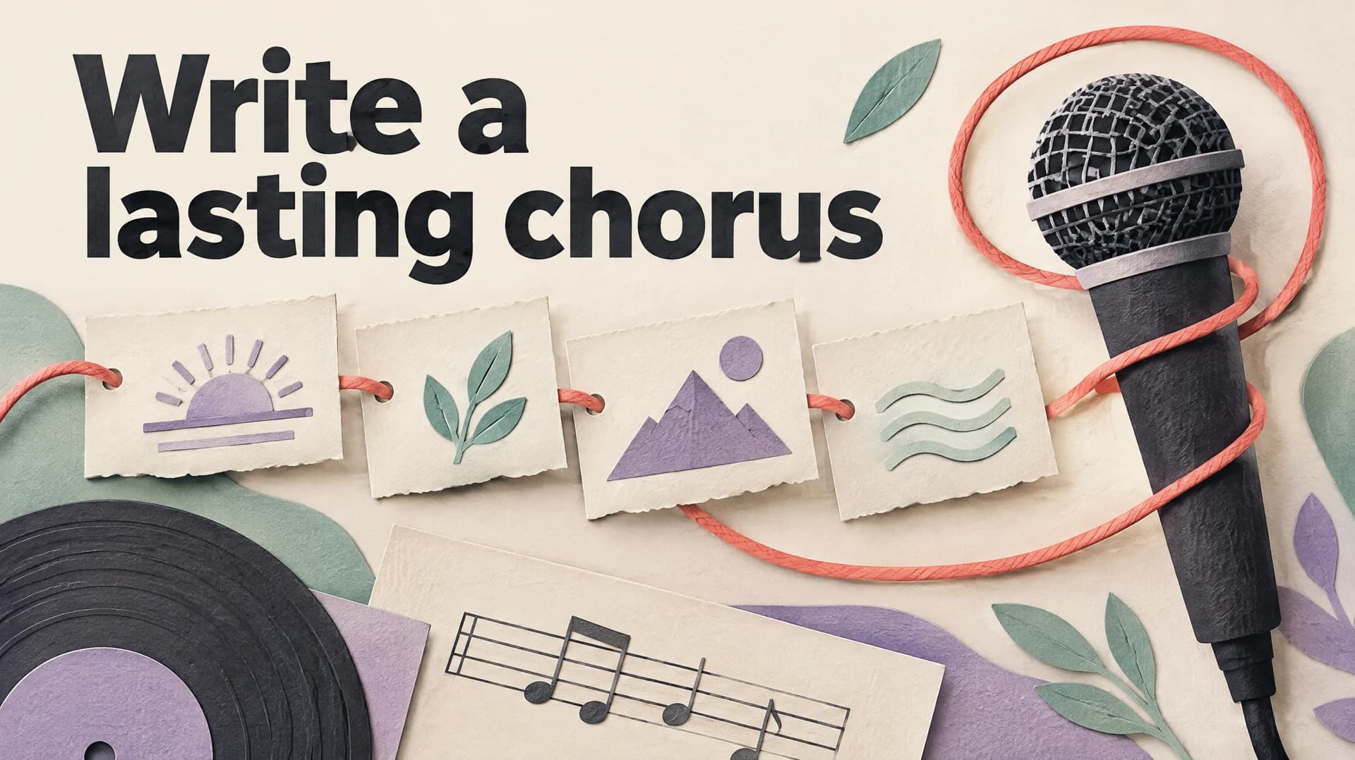 Write a lasting chorus: an editorial illustration of a repeating thread connecting four lyric strips