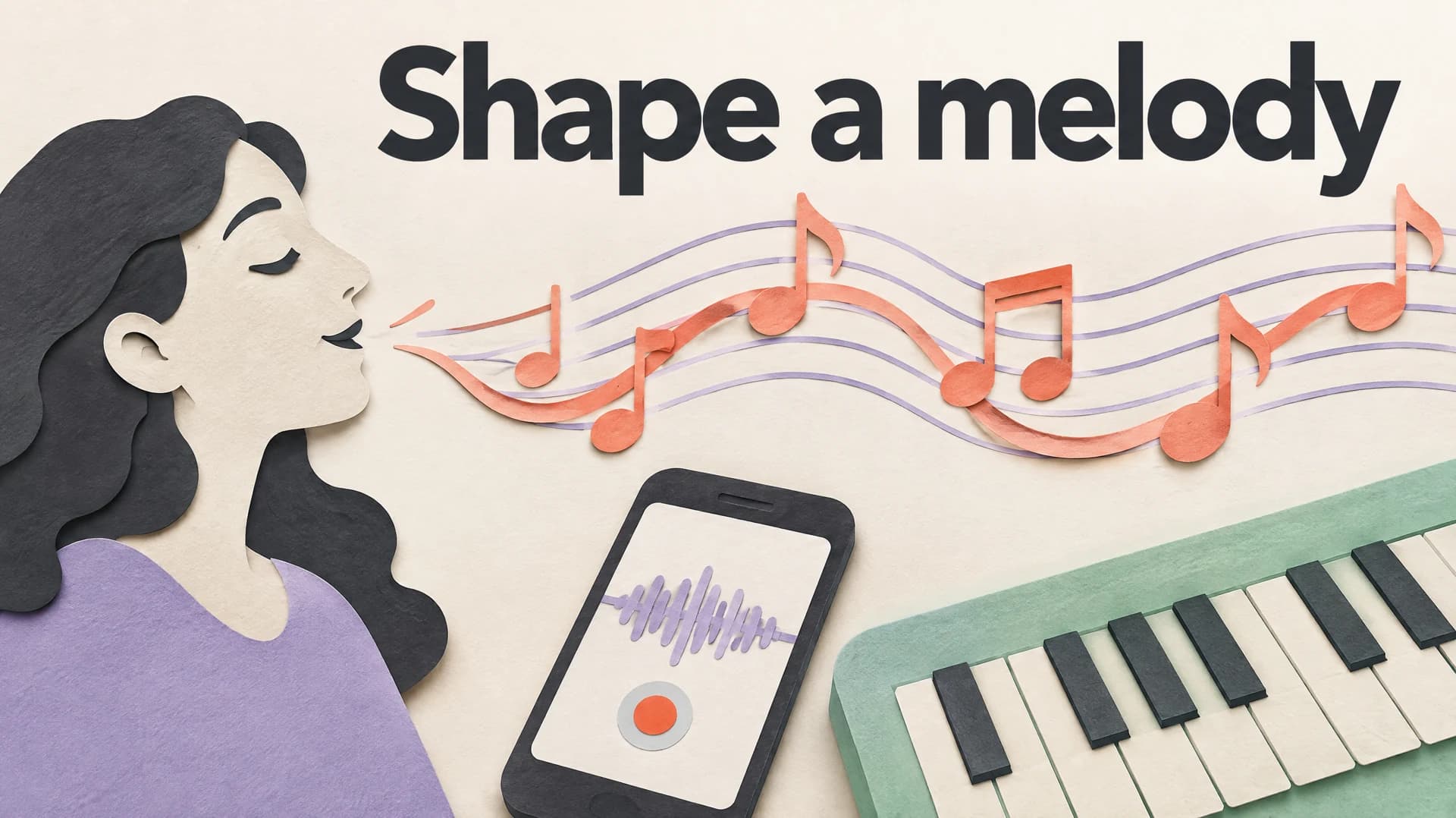 Shape a melody: an editorial illustration of a hummed phrase becoming a curving line of notes above a piano.