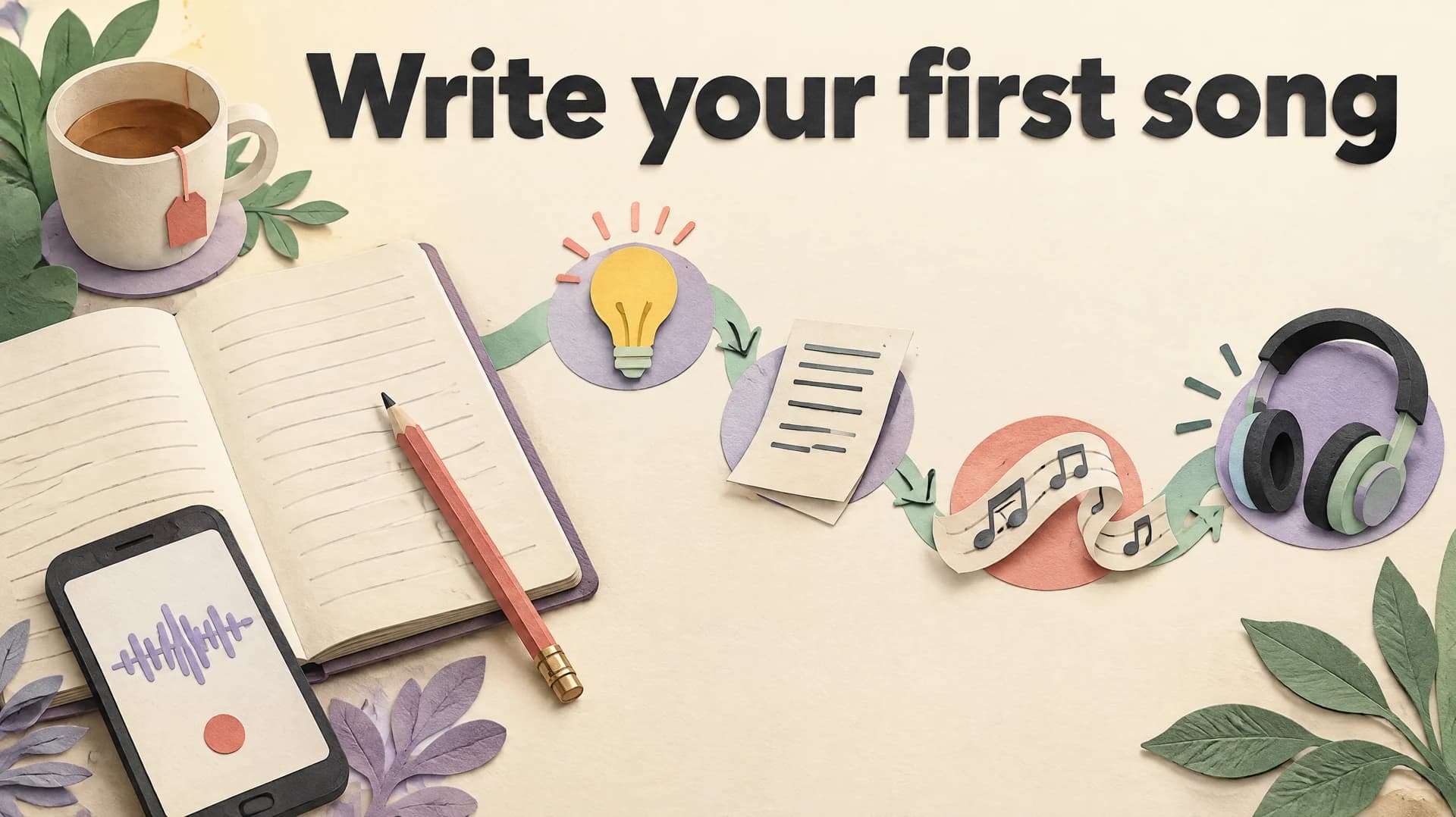 Write your first song: an editorial illustration of a notebook, a voice memo and a winding path from an idea to a finished song.