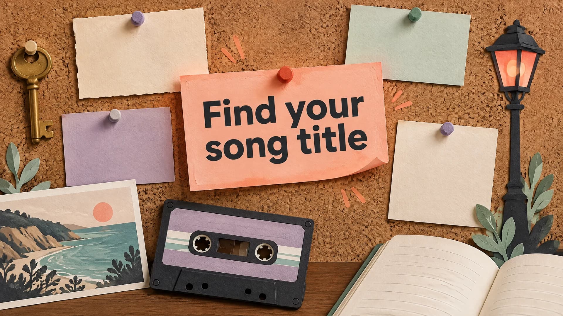 Find your song title: an editorial illustration of blank title cards on a pinboard surrounded by everyday objects that suggest song names.