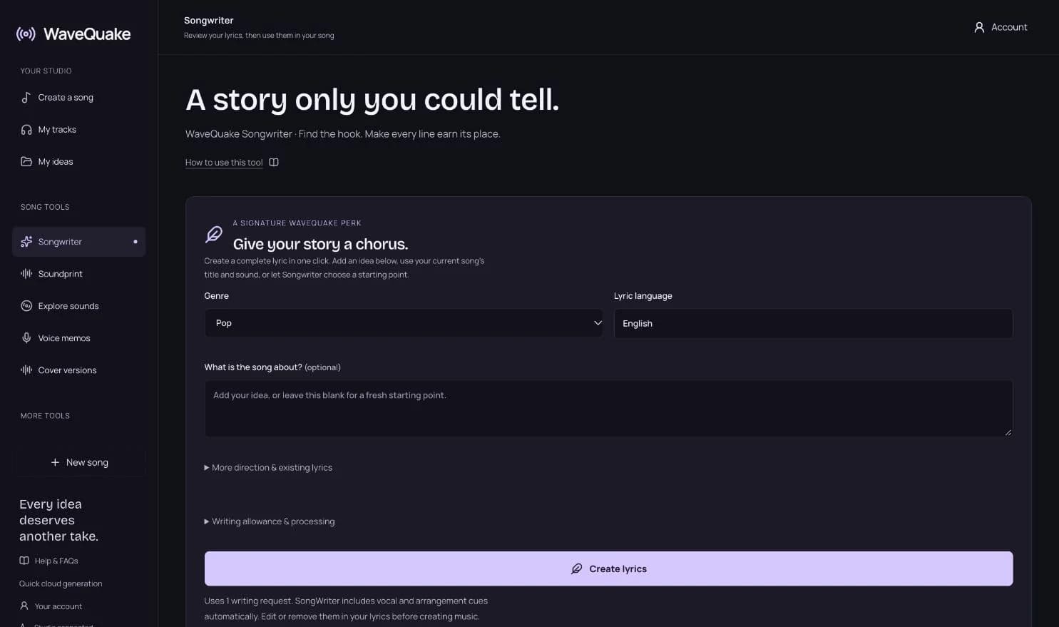 WaveQuake Songwriter’s controls for a story and an existing lyric