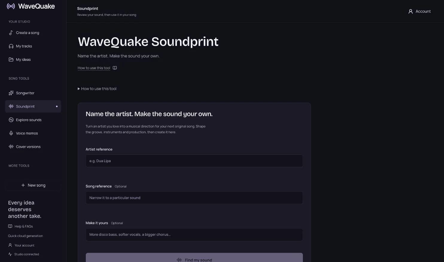 Soundprint artist reference and sound direction fields