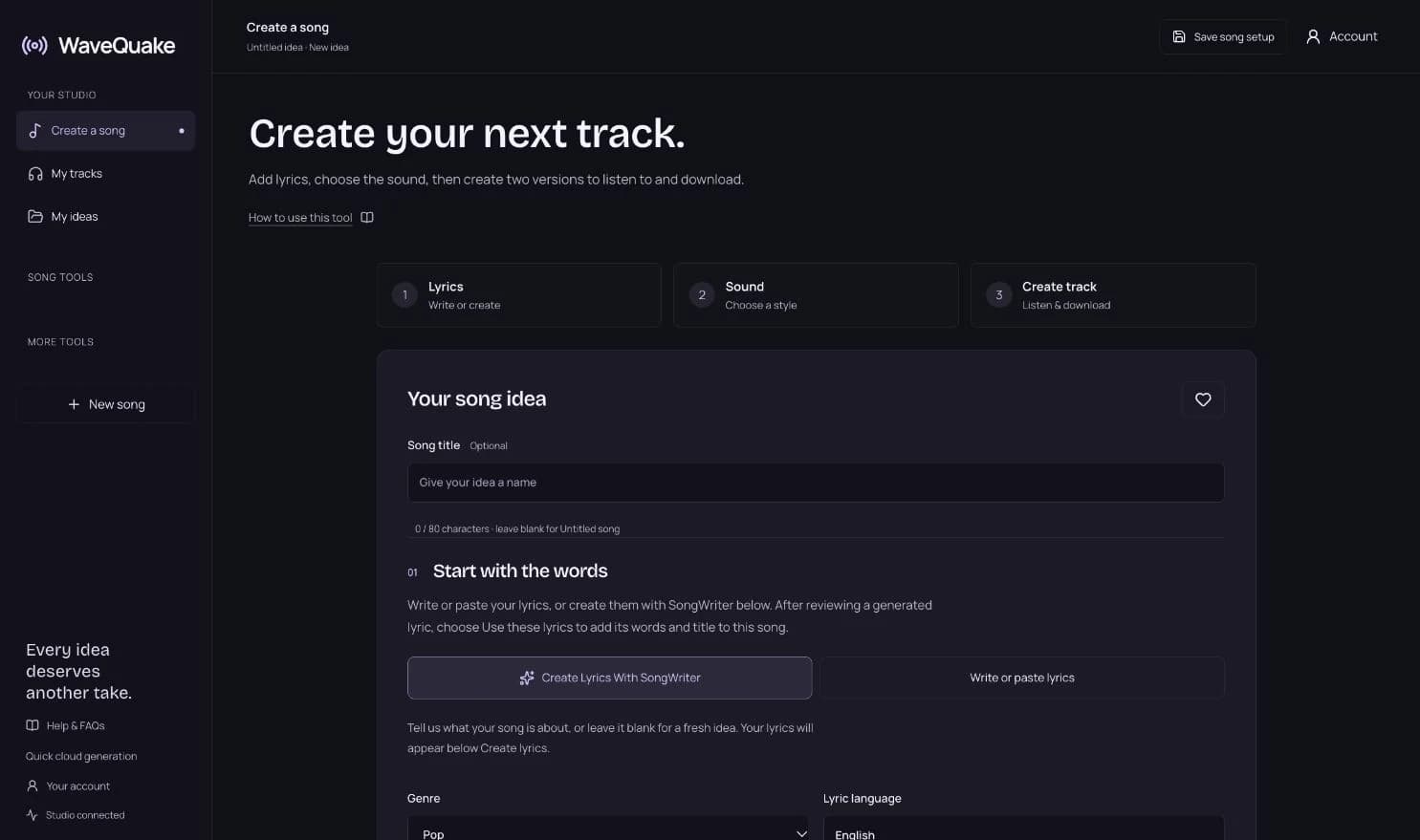 WaveQuake Create a song page with lyrics, sound and create-track steps
