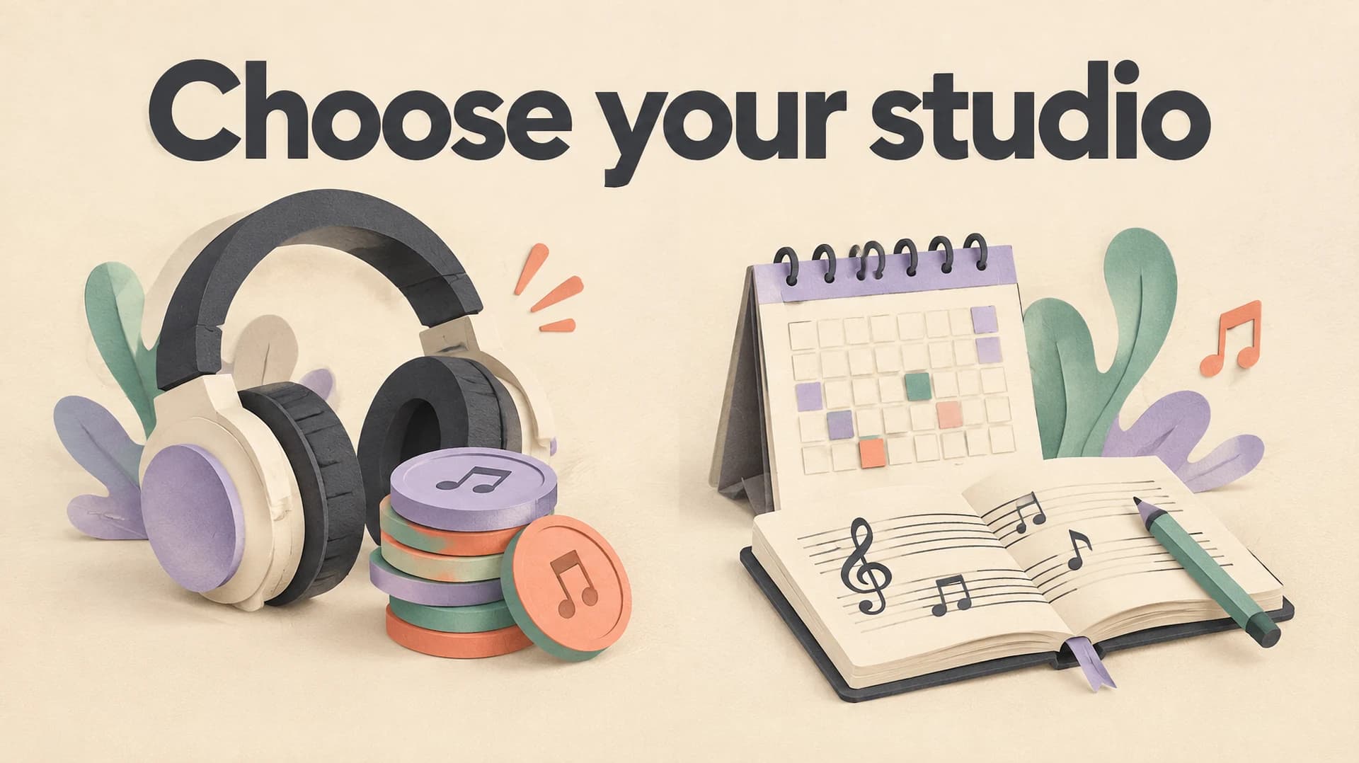 Choose your studio: an editorial illustration of headphones, a finite song bank and a calendar