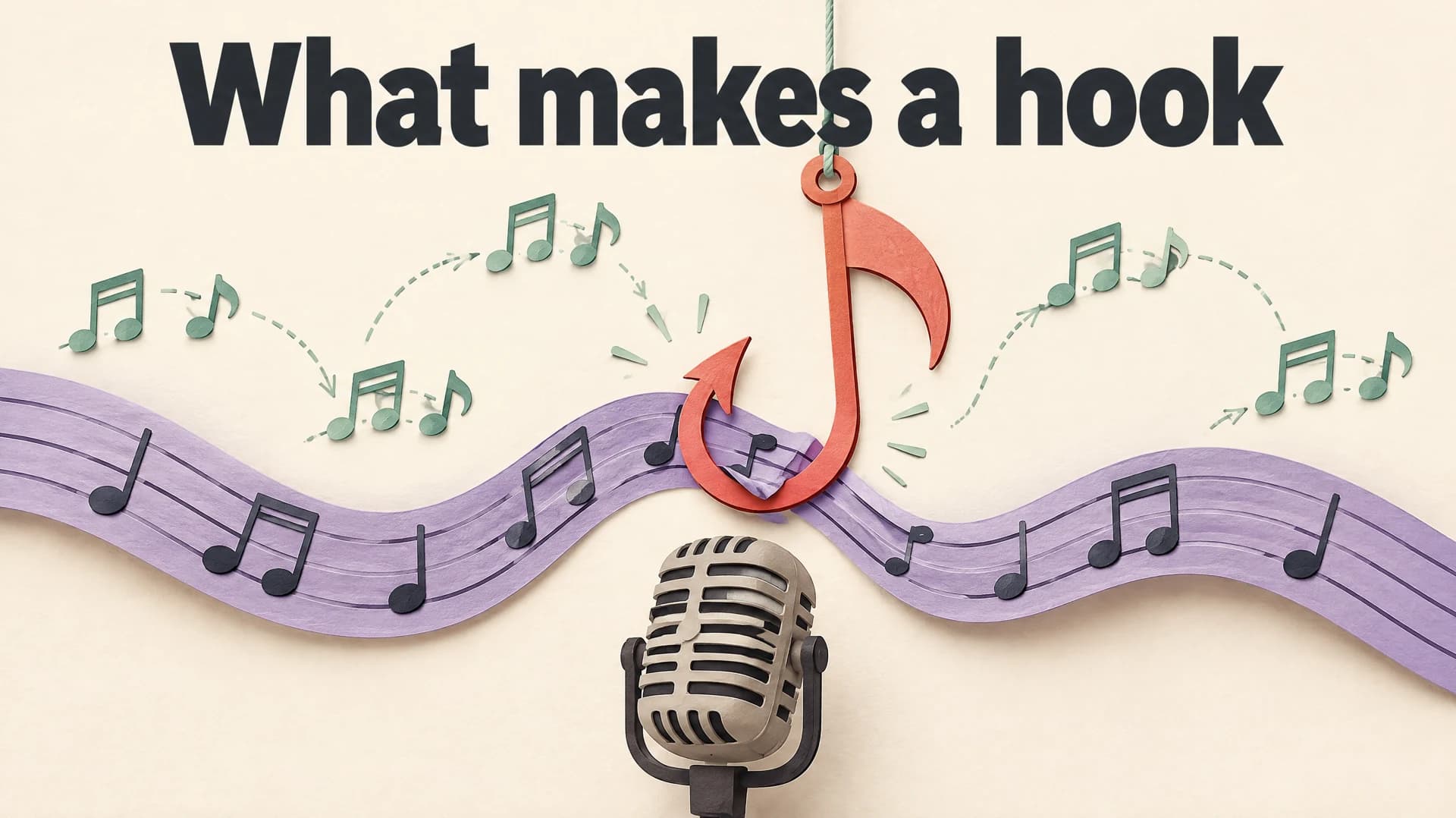 What makes a hook: an editorial illustration of a hook-shaped musical phrase catching a ribbon of melody above a microphone.